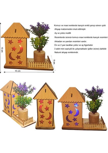 Ayyıldız Figürlü Ahşap Mavi Kırmızı Karışık Renk LED Işıklı Ev 1 Adetramazan