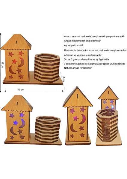Mavi Kırmızı Karışık Renk LED Işıklı Ayyıldız Figürlü Ahşap Ev 1 Adetramazan