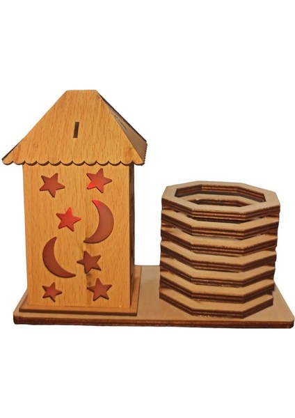 Mavi Kırmızı Karışık Renk LED Işıklı Ayyıldız Figürlü Ahşap Ev 1 Adetramazan modelleri