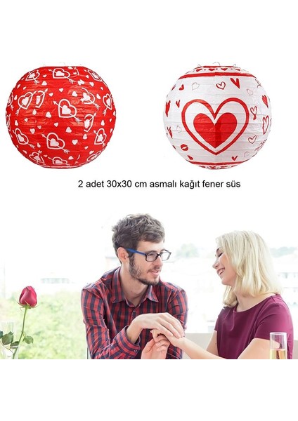 30 cm Beyaz Kırmızı Renk Kalpli Sevgililer Günü Kağıt Fener 2 Adet