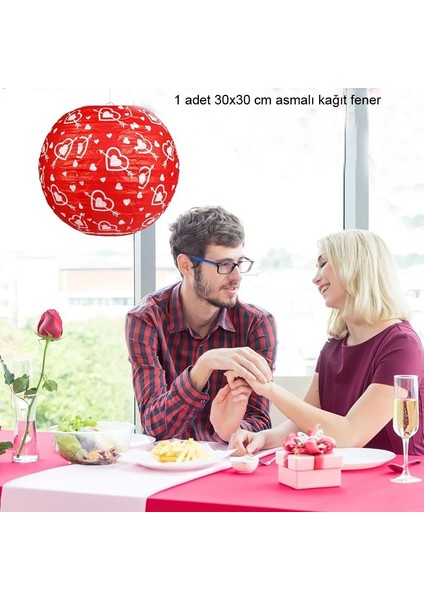30 cm Kırmızı Beyaz Renk Kalpli Sevgililer Günü Kağıt Fener 1 Adet