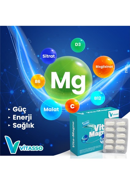 Vitamagne 60 Kapsül Yetişkinler için Magnezyum ve Vitamin - Magnezyum Malat, Magnezyum Sitrat, Magnezyum Bisglisinat, Vitamin B6, Vitamin B12, Vitamin C, Vitamin D3