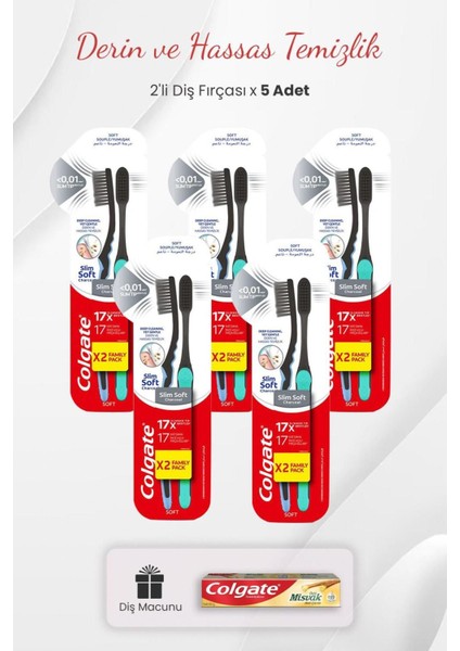 Slim Soft Charcoal 2'li Diş Fırçası x 5 Adet ve Misvak Özlü Diş Macunu