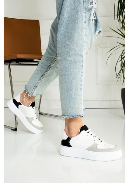 Gri Siyah Düz Hafif Dikişli Taban Bağcıklı Günlük Ortapedik Iç Taban Kadın Sneaker