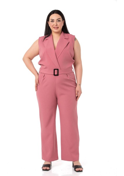 Büyük Beden Kruvaze Beli Lastikli Fermuar Kapamalı Kemerli Gül Kurusu Tulum