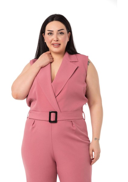 Büyük Beden Kruvaze Beli Lastikli Fermuar Kapamalı Kemerli Gül Kurusu Tulum fiyatları