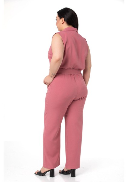 Büyük Beden Kruvaze Beli Lastikli Fermuar Kapamalı Kemerli Gül Kurusu Tulum modelleri