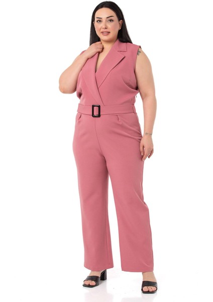 Büyük Beden Kruvaze Beli Lastikli Fermuar Kapamalı Kemerli Gül Kurusu Tulum fırsatları