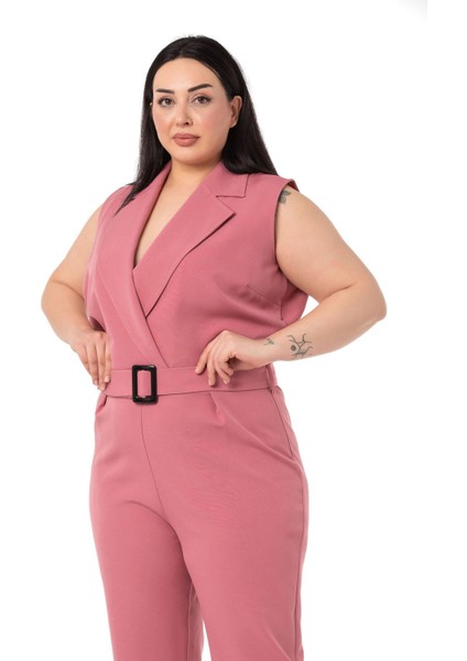 Büyük Beden Kruvaze Beli Lastikli Fermuar Kapamalı Kemerli Gül Kurusu Tulum indirimleri