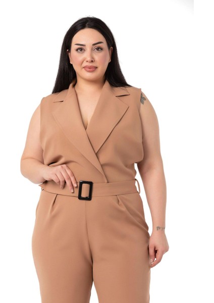 Büyük Beden Kruvaze Beli Lastikli Fermuar Kapamalı Kemerli Vizon Tulum fiyatları