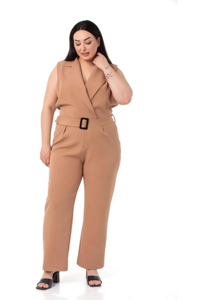 Büyük Beden Kruvaze Beli Lastikli Fermuar Kapamalı Kemerli Vizon Tulum fırsatları