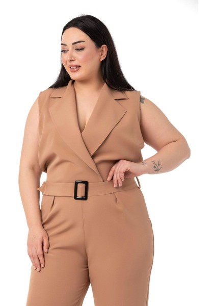 Büyük Beden Kruvaze Beli Lastikli Fermuar Kapamalı Kemerli Vizon Tulum indirimleri