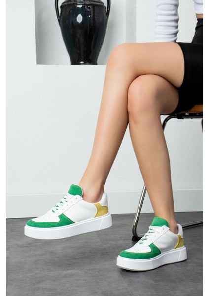 Yeşil Sarı Düz Hafif Dikişli Taban Bağcıklı Günlük Iç Taban Kadın Sneaker