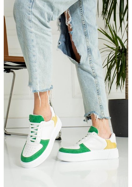 Yeşil Sarı Düz Hafif Dikişli Taban Bağcıklı Günlük Iç Taban Kadın Sneaker