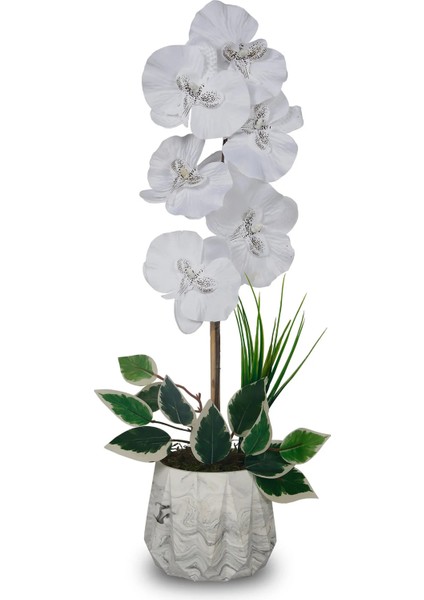 Mermer Desenli Dekoratif Yapay Çiçek Mini Orkide 55 cm