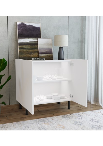 Subahome Modern Mdf Çok Amaçlı 80 cm 2 Kapaklı Beyaz Konsol- Demir Ayaklı Estetik Tasarım