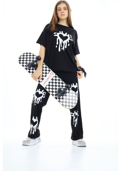 Siyah Kalp Desenli Kız Çocuk Takım 17916