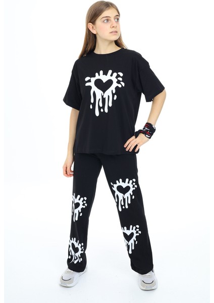 Siyah Kalp Desenli Kız Çocuk Takım 17916 modelleri