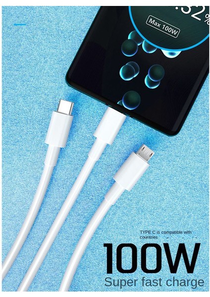 iPhone Android Için 100W Hızlı Şarj Tek Sürüklemeli Üç Veri Kablosu C Tipi Şarj Kablosu (Yurt Dışından)