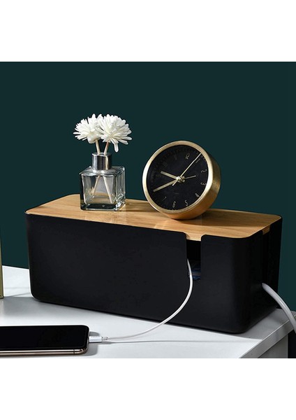 Uzatma Kablosu Için Bambu Kapaklı Kablo Düzenleme Kutusu (Siyah) (Yurt Dışından)