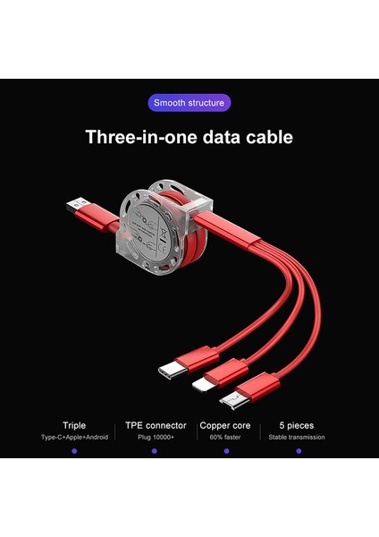 Samsung Huawei Geri Çekilebilir Veri Kablosu Creek Için USB C Kablosu 3'ü 1 Arada Tip C Hızlı Şarj (Yurt Dışından)