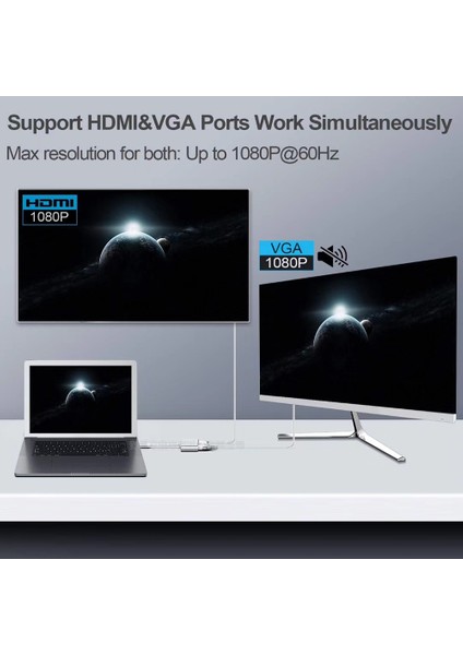 Tip C - HDMI 4K VGA Usb3.0 Dönüştürücü Şarj Bağlantı Noktası Hub Adaptörü (Yurt Dışından)