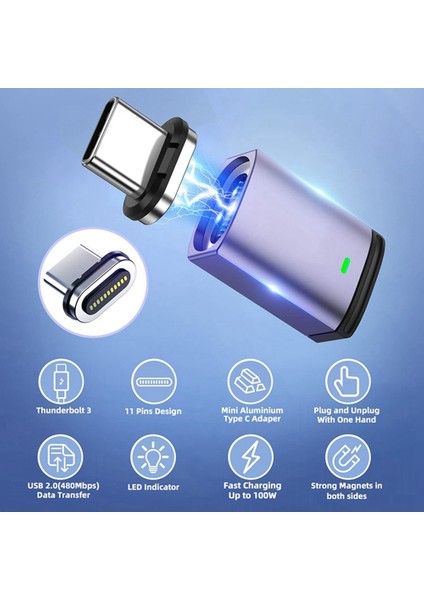 Parça USB C Erkek - Dişi Tip C Manyetik Adaptör 100 W Pd Hızlı Şarj Mıknatısı USB C Veri Adaptörü, Düz (Yurt Dışından)