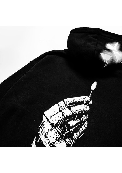 Hoodie Unisex Fire Sırt ve Ön Baskılı Oversize Siyah Kapüşonlu Kalın Sweatshirt