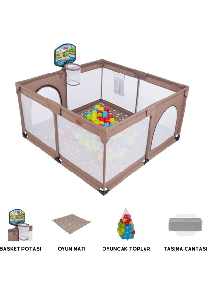 Playard Plus Güvenli Bebek ve Çocuk Oyun Alanı Oyun Parkı 125X125 Basket Potası, Oyun Matı ve Topları