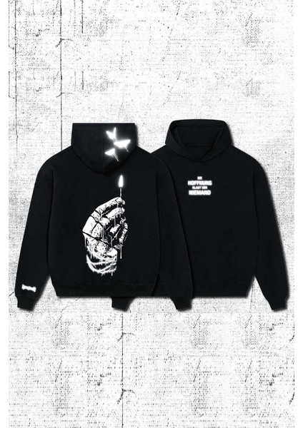 Hoodie Unisex Fire Sırt ve Ön Baskılı Oversize Siyah Kapüşonlu Kalın Sweatshirt