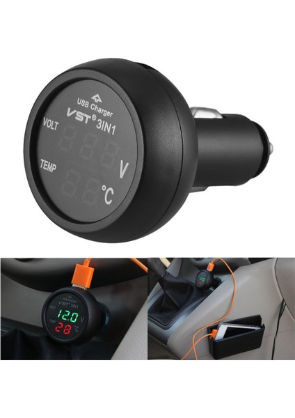 3'ü 1 Arada Dijital LED USB Araç Şarj Cihazı Voltmetre Termometre Araç Akü Monitörü (Yurt Dışından)
