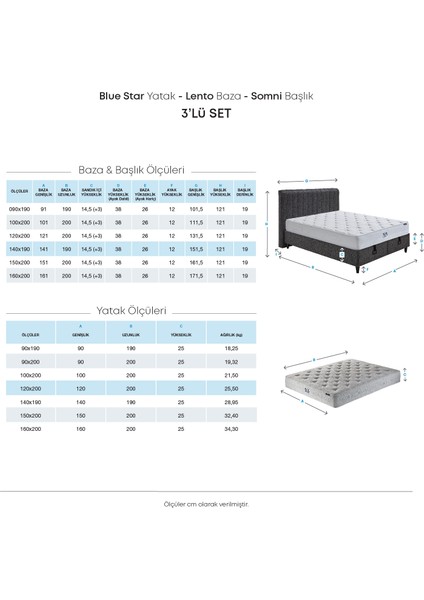 Bedding Blue Star Yatak, Lento Baza, Somni Başlık Tek Kişilik 3'lü Set - Bej