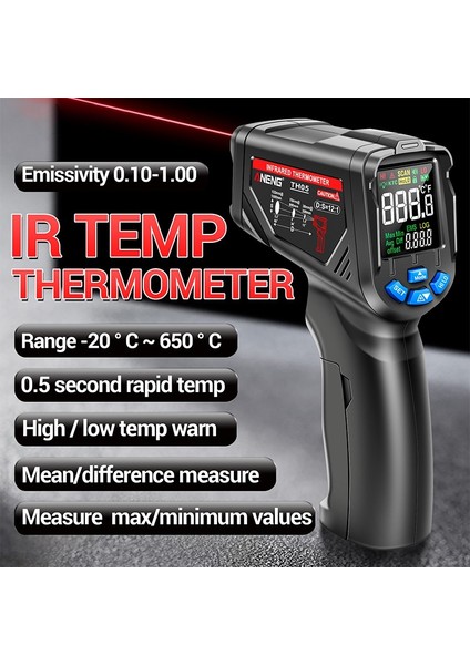 Aneng TH05 El Tipi Sıcaklık Tabancası Temassız Dijital Kızılötesi Termometre Ir Lazer Termometre -20°C~650°C / -4℉~1202℉ Yüksek Hassasiyetli Endüstriyel Pirometre (Yurt Dışından)