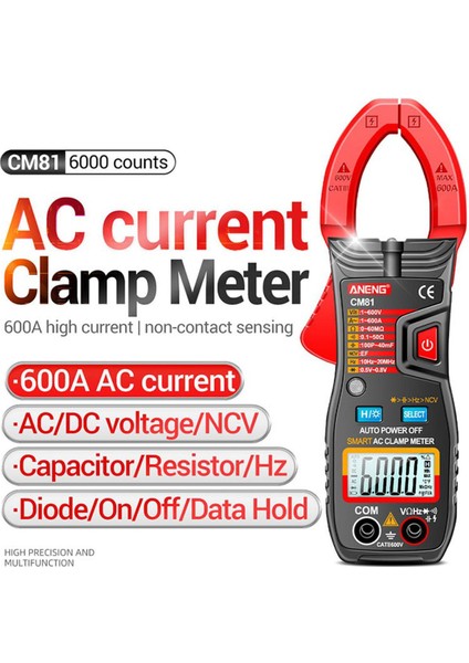 Aneng CM81 6000 Sayım Basma Düğmesi Kelepçe Multimetre Dijital Kelepçe Metre Gerilim Test Cihazı Araba Amp Hz Kapasite Ncv Ohm Testi (Yurt Dışından)