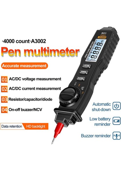 Aneng Kalem Şeklinde Dijital Multimetre (A3002) Hd Arkadan Aydınlatmalı Ekran Gerilim Akım Test Cihazı 4000 Sayısı (Yurt Dışından)
