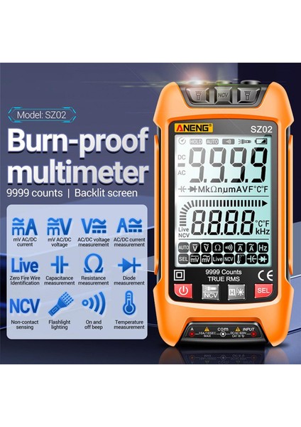 Aneng SZ02 Büyük Ekran Dijital Multimetre 9999 Sayısı 0NF-99.99MF Kapasite Evrensel Metre Gerilim Test Cihazı Akım Ölçme Aracı (Yurt Dışından)