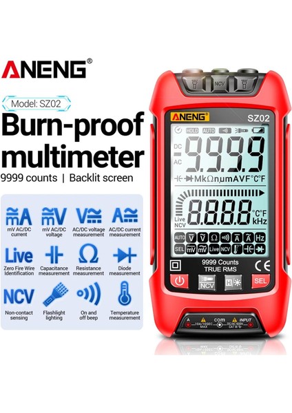 Aneng SZ02 Akıllı Dijital Multimetre 6000 Sayım True Rms Oto Elektrik Kapasite Ölçer Sıcaklık Direnci Transistör Test Cihazları (Yurt Dışından)