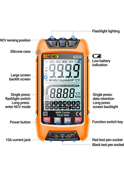 Aneng SZ02 Akıllı Dijital Multimetre 6000 Sayım True Rms Oto Elektrik Kapasite Ölçer Sıcaklık Direnci Transistör Test Cihazları (Yurt Dışından) fırsatları
