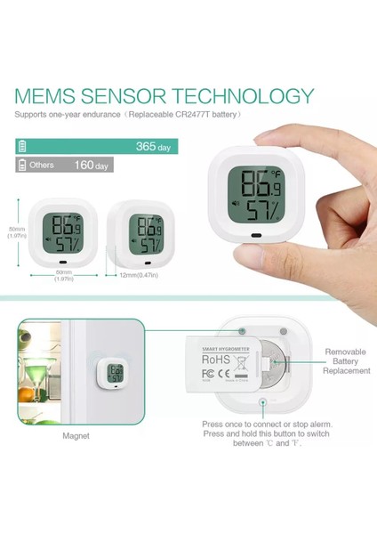 Kablosuz Termometre Higrometre Mini Bluetooth 5.0 Nem Sıcaklık Sensörü Uyarısı Ev Için Dahili Mıknatıs (Yurt Dışından)
