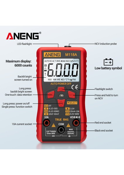 Aneng M118A Mini Dijital Multimetre Dayanıklı Otomatik True Rms Test Cihazı 6000 Sayım Otomatik Rang Ac/dc Transistör Gerilim Ölçer (Yurt Dışından) modelleri