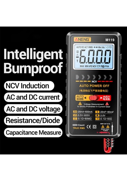 Aneng M119 Akıllı Dijital Multimetre 6000 Sayım Dc/ac Gerilim Akım Ölçer Ncv Algılama Direnç Kapasite Test Cihazı (Yurt Dışından) modelleri