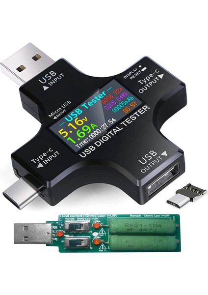 USB C Test Cihazı, 2'si 1 Arada Tip C USB Test Cihazı Renkli Ekran IPS Dijital Multer, Gerilim, Akım, Güç, Doku, Yükleyici ile (Yurt Dışından)