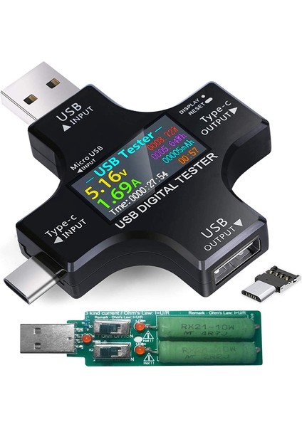 USB C Test Cihazı, 2'si 1 Arada Tip C USB Test Cihazı Renkli Ekran IPS Dijital Multer, Gerilim, Akım, Güç, Doku, Yükleyici ile (Yurt Dışından)