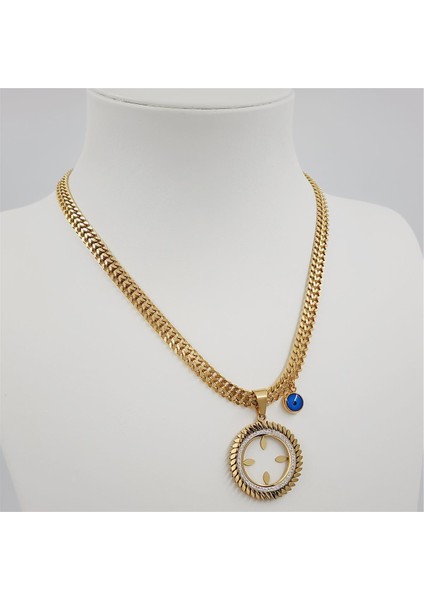 Çelik Gold Balık Sırtı Zincirli Nazarlı Kolye - Çeyreklik Takılabilen