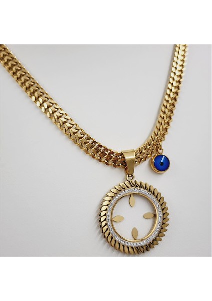 Çelik Gold Balık Sırtı Zincirli Nazarlı Kolye - Çeyreklik Takılabilen modelleri