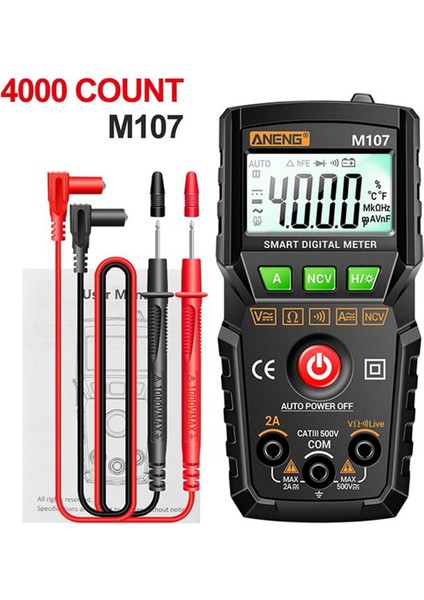 Aneng M107 Dijital Akıllı Multimetre Transistör Test Cihazı 4000 Sayım Otomatik Ac/dc Akım ve Gerilim Test Cihazı (Yurt Dışından)
