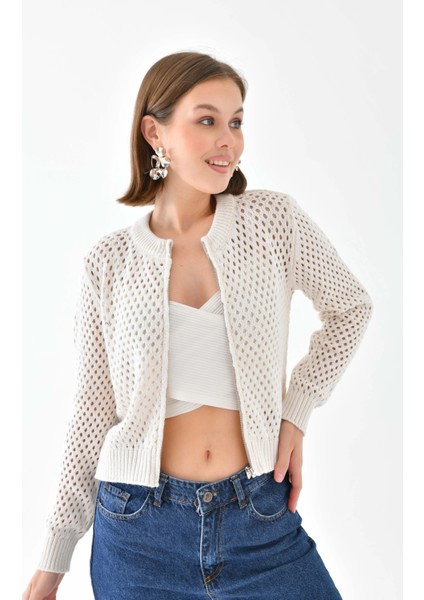 Bisiklet Yaka Fermuar Detaylı Delikli Triko Kazak