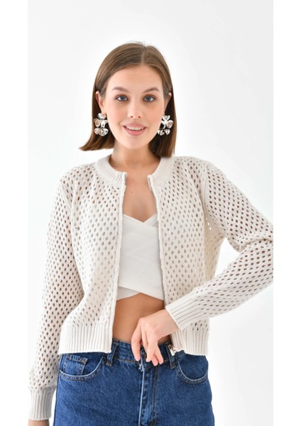 Bisiklet Yaka Fermuar Detaylı Delikli Triko Kazak fiyatları