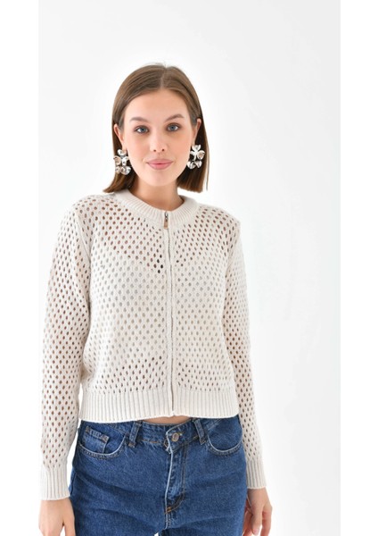 Bisiklet Yaka Fermuar Detaylı Delikli Triko Kazak modelleri