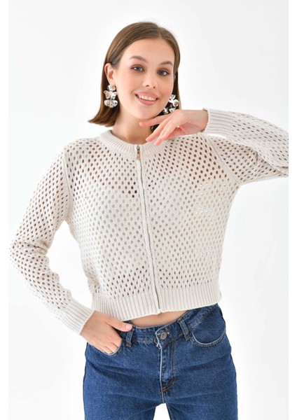 Bisiklet Yaka Fermuar Detaylı Delikli Triko Kazak fırsatları